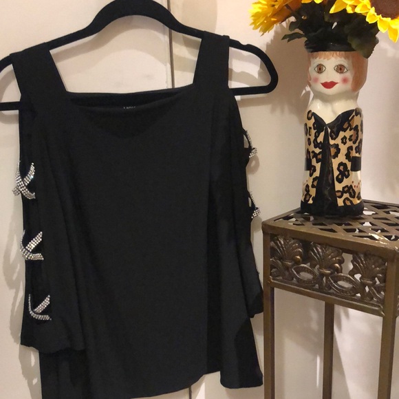 MSK evening glam top, cold shoulder style. 3 diamond sparkle”X”-shaped details. - Picture 4 of 7